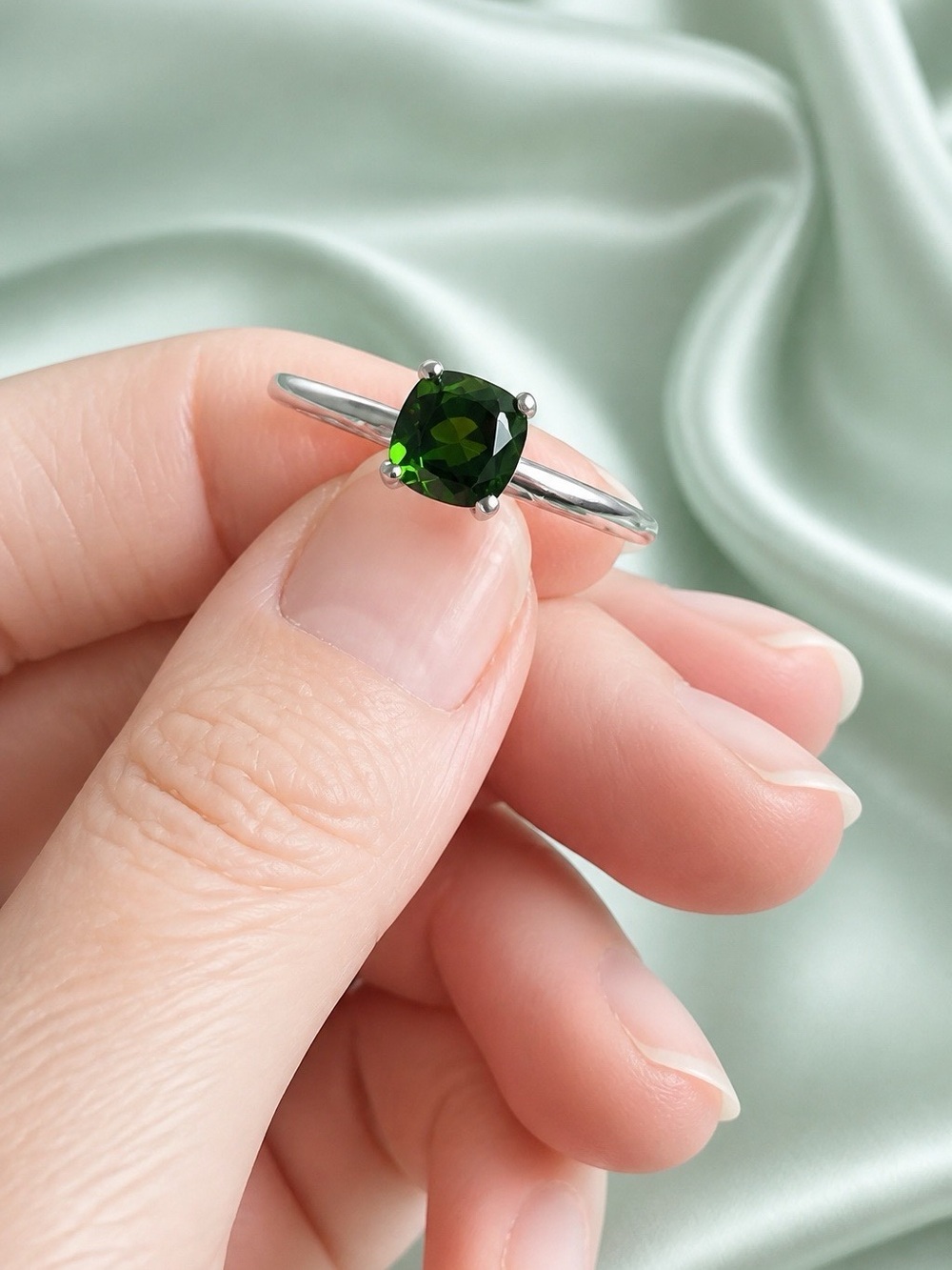 Genuine AAA Chrome Diopside 7mm Cushion-cut Solitaire, Rhodium over 925 S.Silver